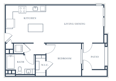 A floor plan of a house with labeled rooms such as kitchen, living/dining, bath, bedroom, and patio.